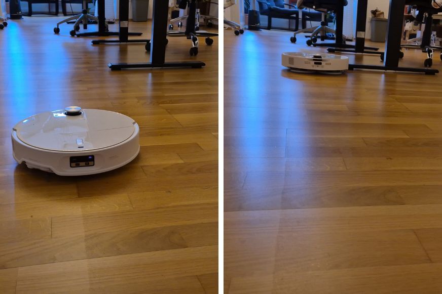 Der Roborock Qrevo Curv 2 Pro fährt im Test lange gerade Bahnen und saugt und wischt den Boden.